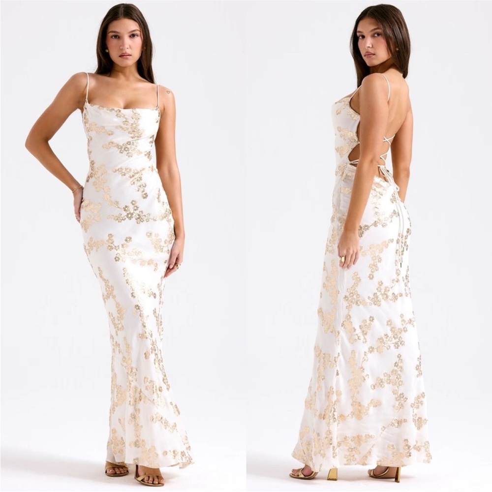 HOUSE OF CB 'Capriana' White & Gold Jacquard Satin Gown NWOT size XS - Picture 13 of 14